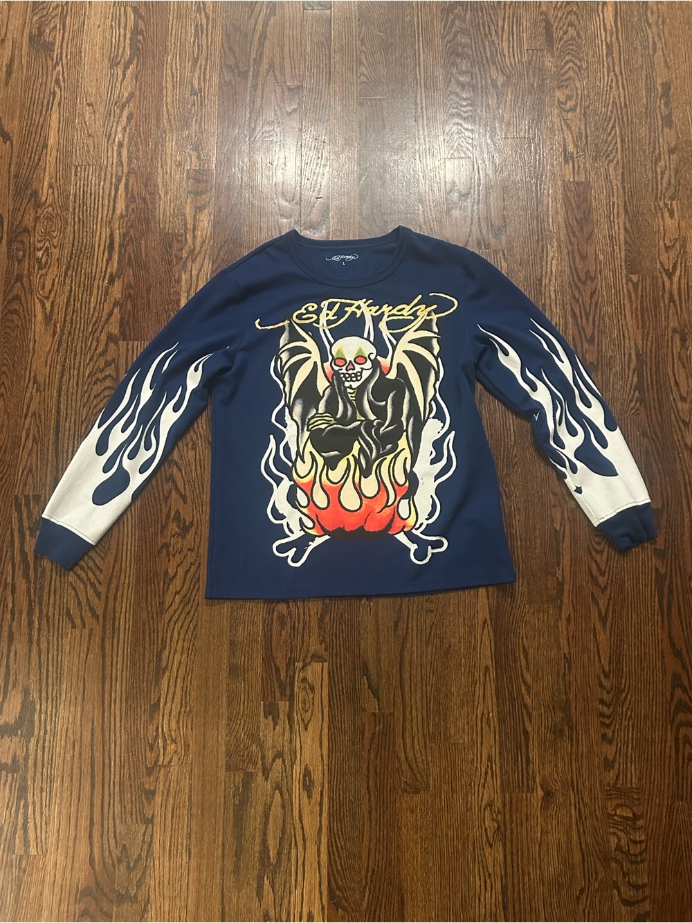 Y2K Ed Hardy Waffle Knit Thermal Long Sleeve Flames Grim Reaper Skull Blue Large